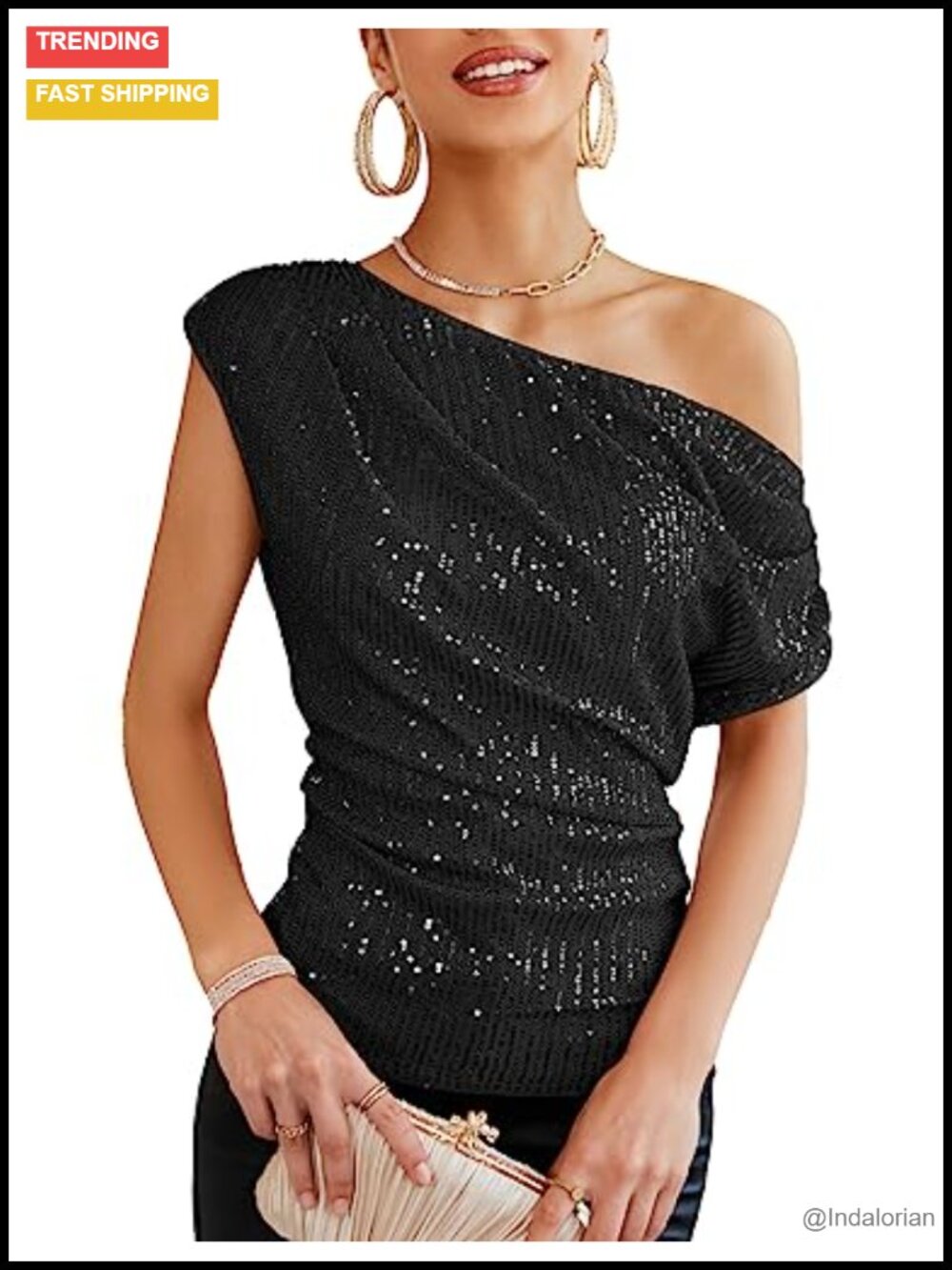 One Shoulder Sequin Top Slim Fit Ruched Party Blouse
